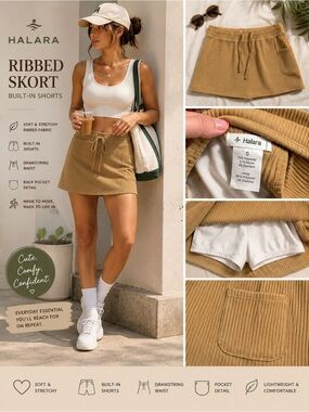 Halara Ribbed Skort Built In Shorts Camel Tan Drawstring Mini Skirt Womens S‎